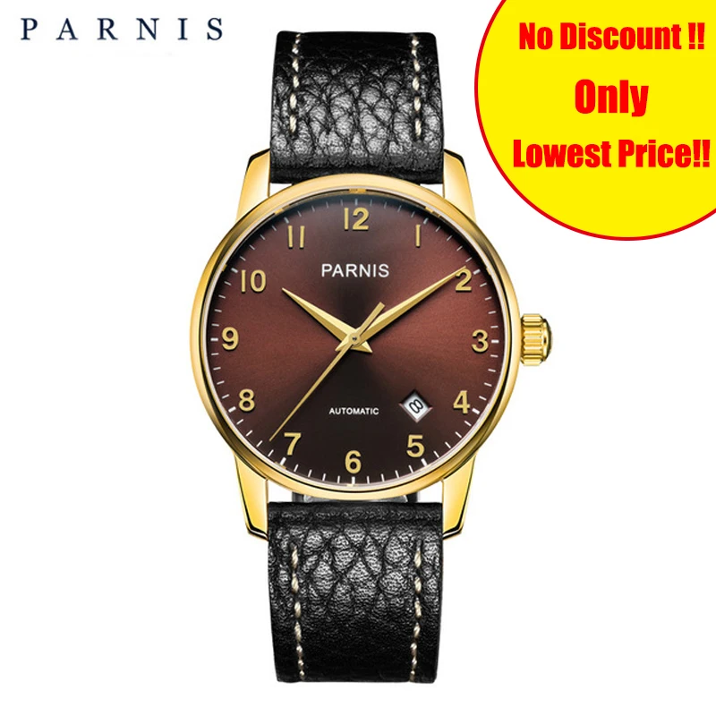 

Parnis New 36MM Men Mechanical Watches Genuine Black Leather Strap Sapphire Gold Case Men's Automatic Self-Wind Watch Man Clock