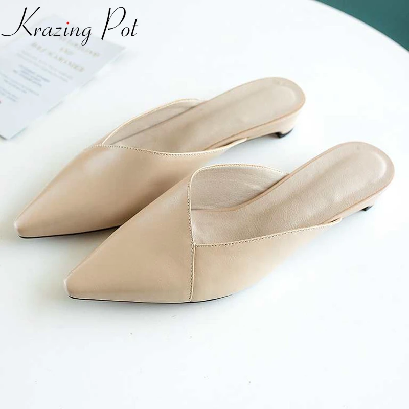 

Krazing Pot 2019 full grain leather mules elegant Korean girl vintage pointed toe strange low heel movie star women pumps L92