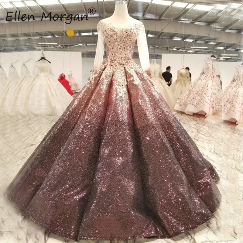 

Arabic Glitter Pink Gradient Ball Gowns Evening Dresses Vintage Sheer Long Sleeve Applique Boat Neck Floor Length Party Dress