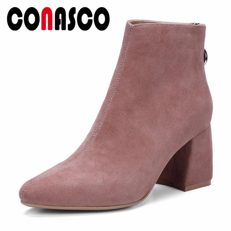 

CONASCO Brand Women Genuine Leather Ankle Boots Round Toe Elegant Martin Shoes Female Autumn Winter Basic High Heeled Boots Pump