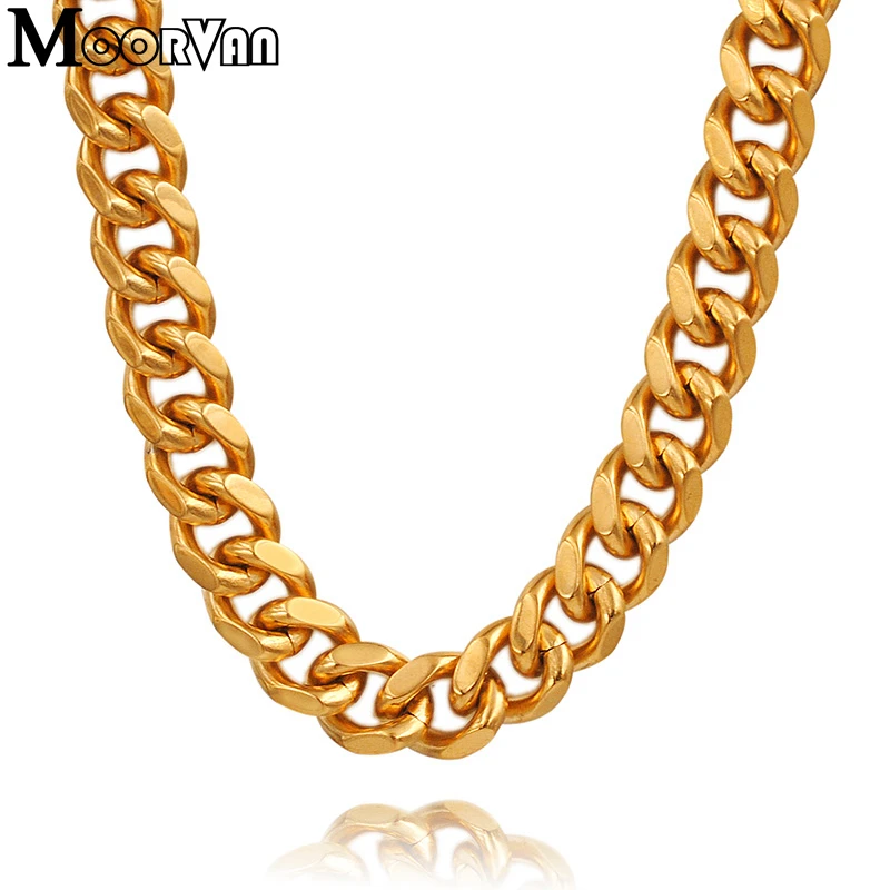 

Moorvan heavy,hiphop,gold color stainless steel chains boys curb cut links fashion jewelry 2018 necklaces rock VN430