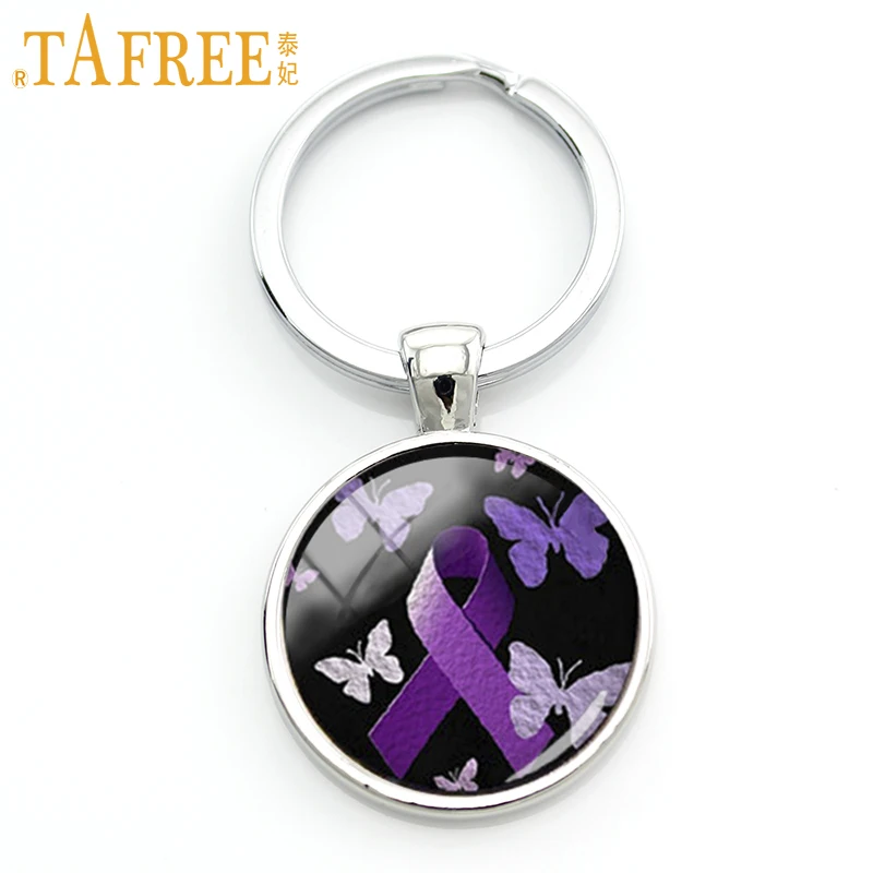 

TAFREE Charming purple awareness ribbon picture key chain romantic mysterious pretty butterfly pattern keychain jewelry KC491