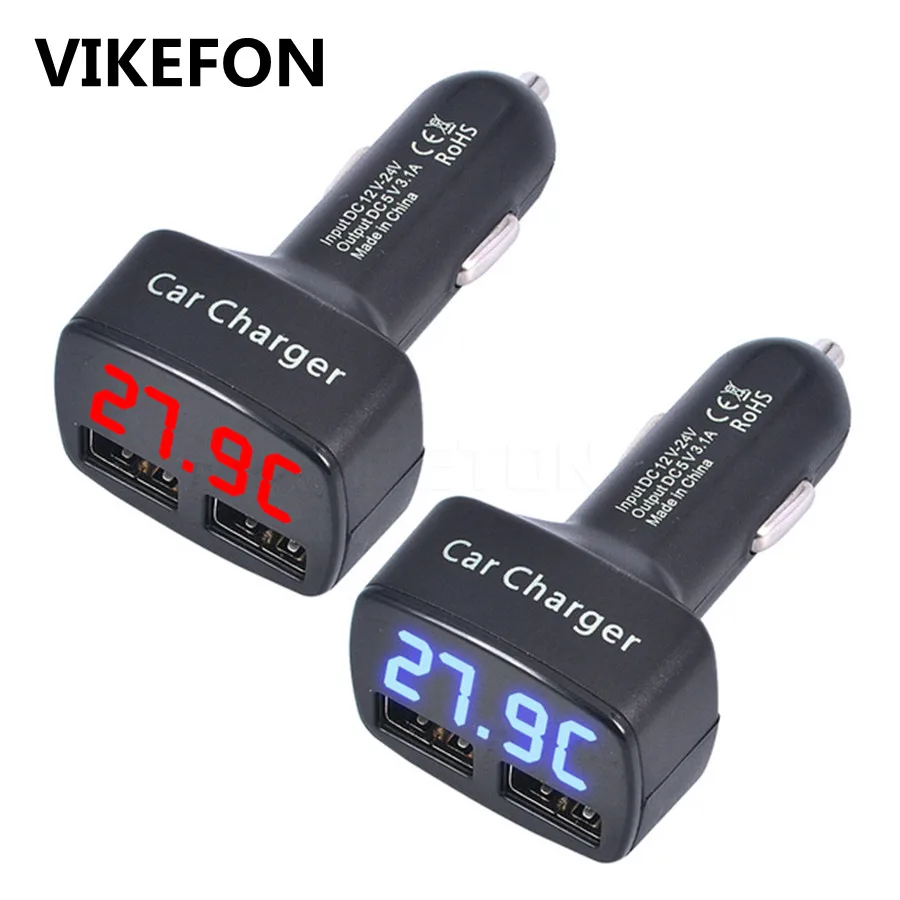 VIKEFON, автомобильное зарядное устройство с двумя USB, 5 В, 3,1 А, универсальное, 4 в 1, с измерителем напряжения/температуры/тока, цифровой светодиодный адаптер