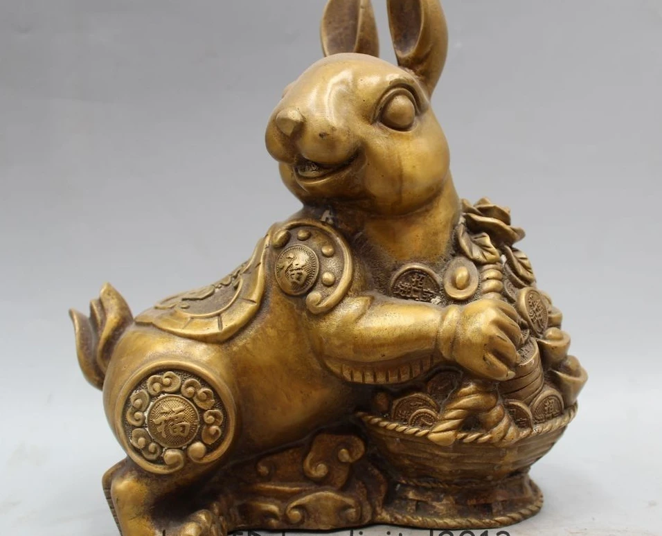 

9" Chinese Copper Animal Fu Wealth Fengshui Zodiac Year Rabbit Sculpture Statue