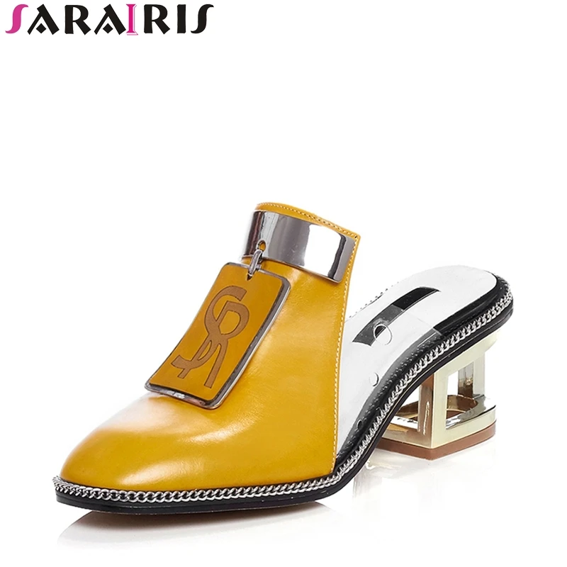 

SARAIRIS New Brand Genuine Leather Mules Shoes Women 2019 Summer Decoration Ladies High Heels Slippers Women Summer Shoes Woman