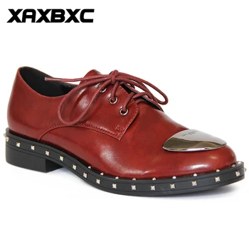 

XAXBXC 2019 Spring Autumn Leather Oxfords Platform Low Heels Women Pumps Lace Up Rivet Round Toe Casual Ladies Mujer Shoes