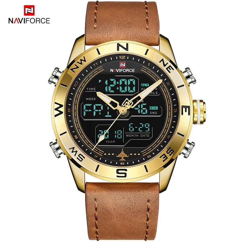 Luxury Brand Men NAVIFORCE 9144 Gold Army Military Watch Led Digital Leather Sports Watches Quartz