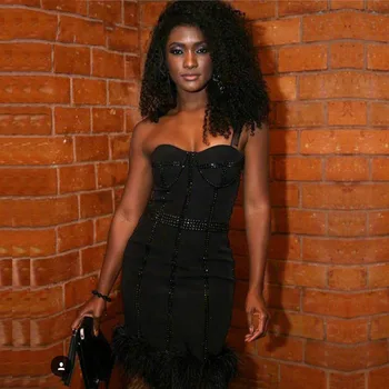 

Seamyla Sexy Black Bandage Dress Women Strapless Beading Feather Night Out Bodycon Club Dresses Mini Summer Party Dress Vestidos