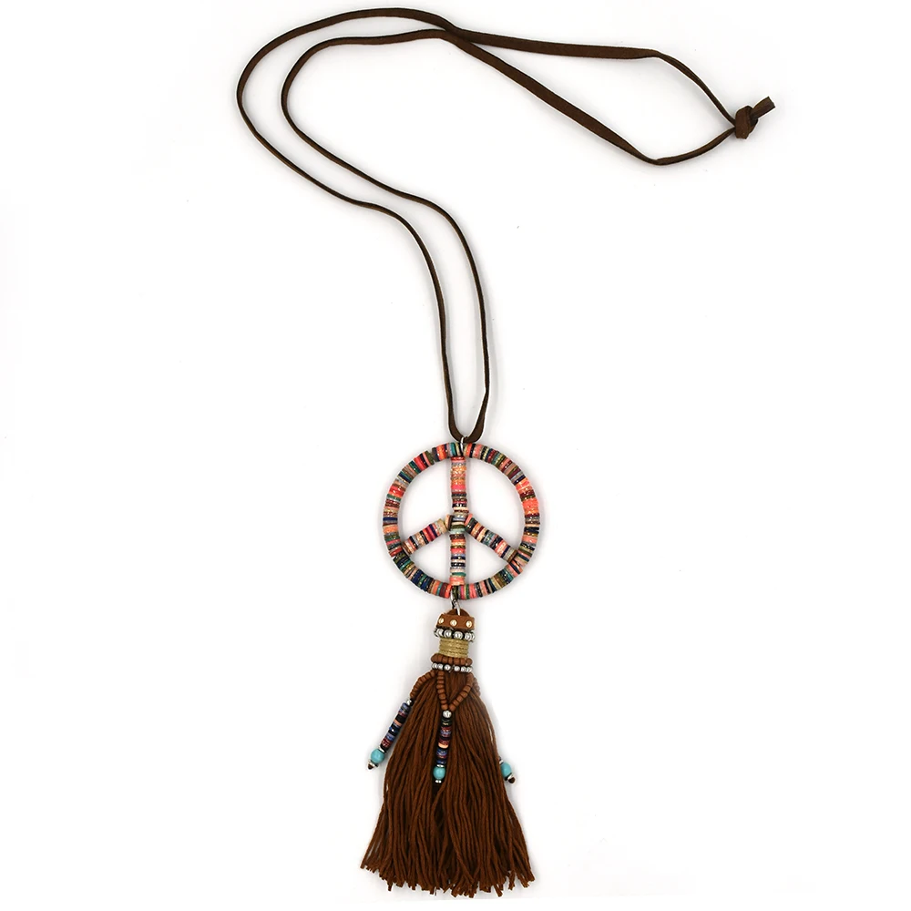 Новинка, хлопковое ожерелье ручной работы с кисточками, украшенное бусинами, символами мира, подвесное ожерелье в богемном стиле, длинное ожерелье для морского пляжа