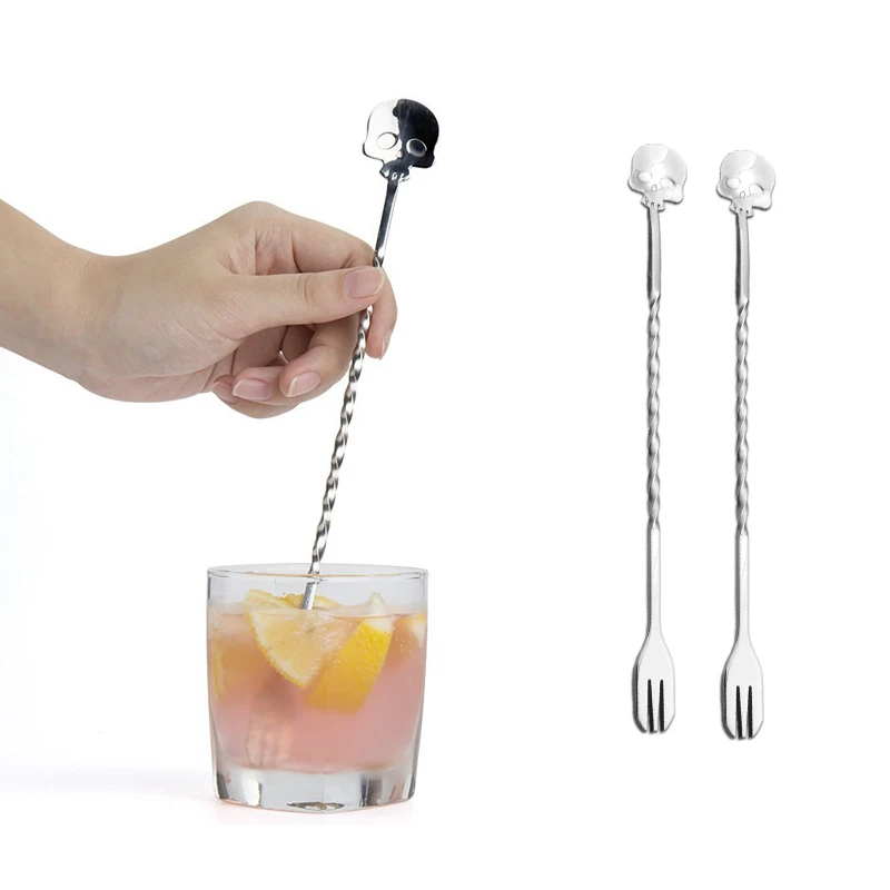 

Creative Stainless Steel Skull Bar Spoon Skeleton Shape Cocktail Mixing Spoon with Fork Cool Bar Tools Accessories