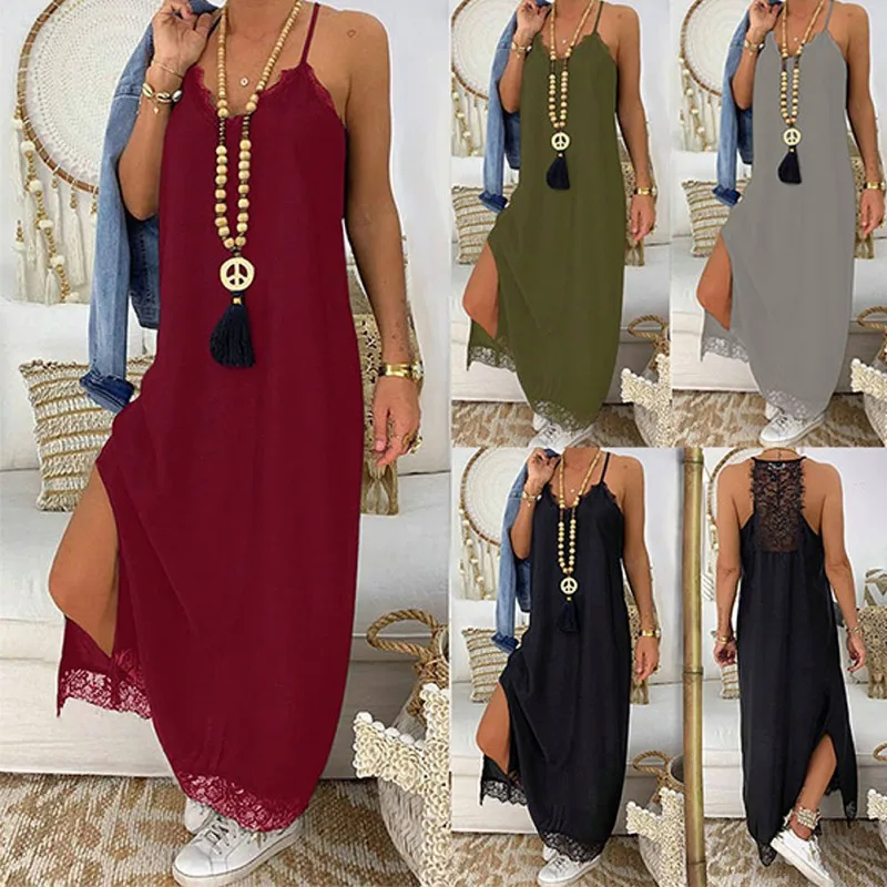

Women Summer Long Dress Sexy Boho Maxi Club Solid Sleeveless Lace Dress Vest Beach Sundress Party Femme Dresses Vestidos