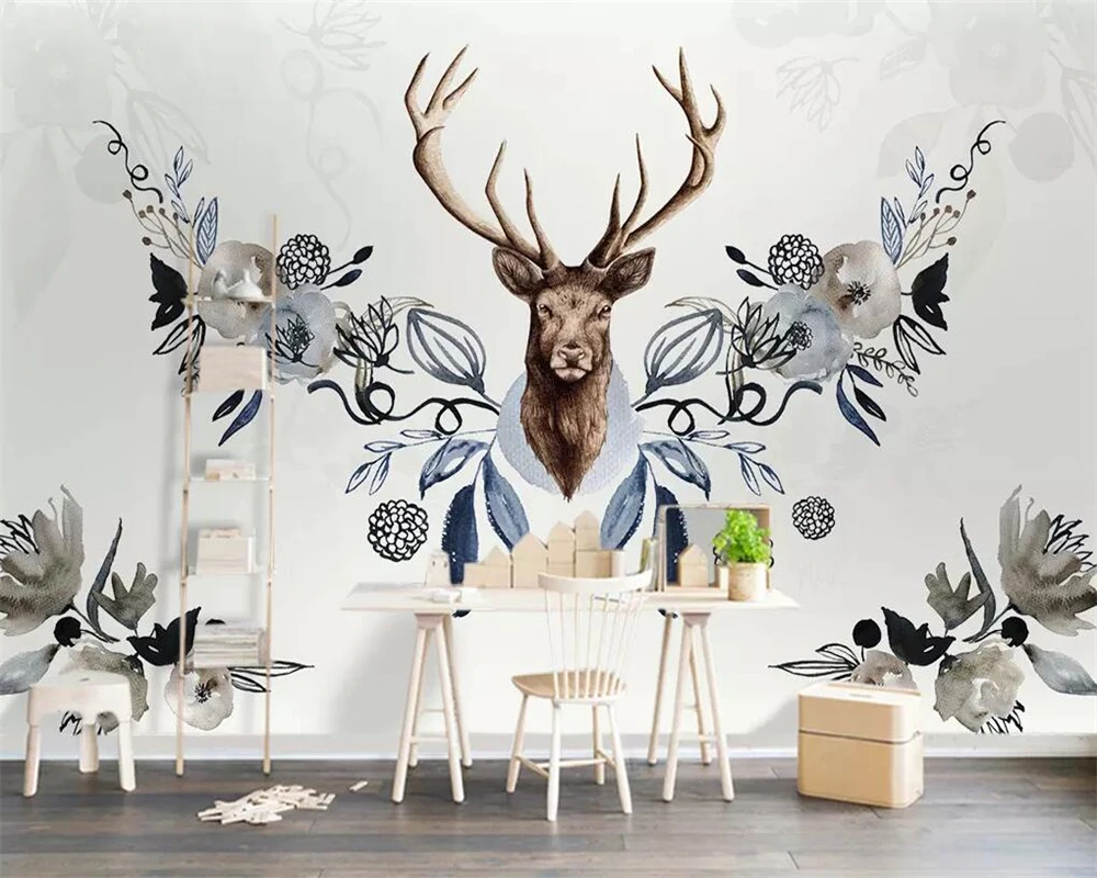 Beibehang Custom wallpaper Nordic Simple Retro Rural Elk Hand-painted Flower TV Sofa Background Walls Decoration 3d wallpaper