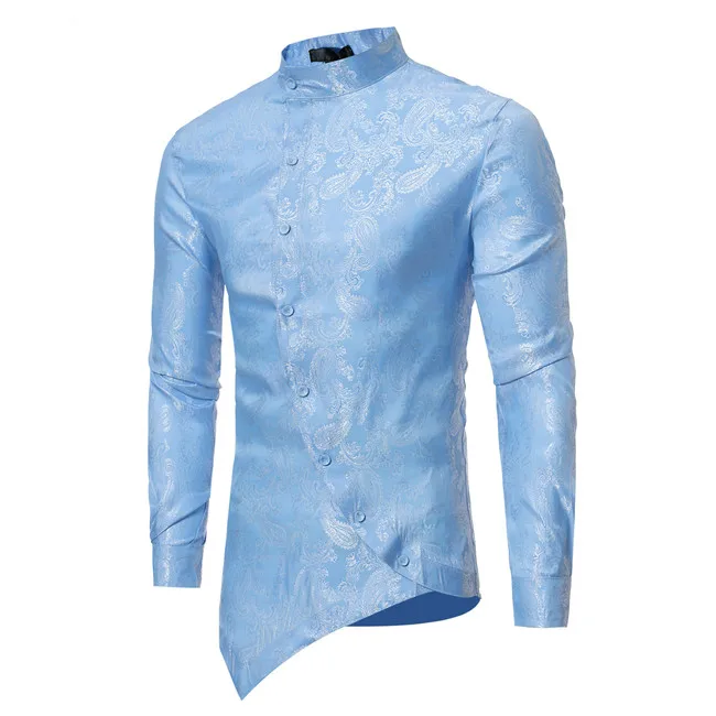 Модная рубашка с орнаментом Пейсли Мужская индивидуальность Наклонный Кнопка Повседневное платье неправильной формы рубашка Мужская s воротник стойка рубашки с длинными рукавами - Цвет: Light Blue