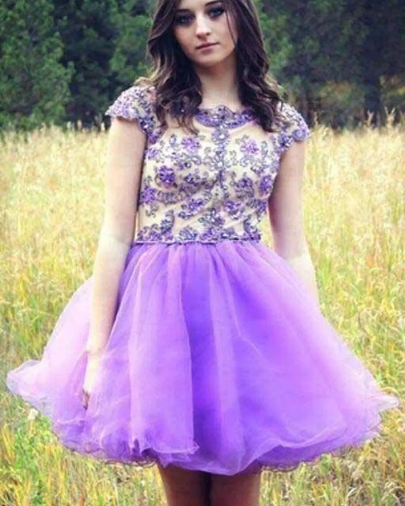 Romantic Lilac Short Prom Dresses Cap Sleeve Open Back Beaded Appliques