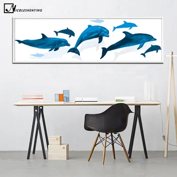 

Blue Dolphin Canvas Poster Minimalist Art Painting Wall Picture Long Banner Print Living Room Decor Baby Bedroom Decoration