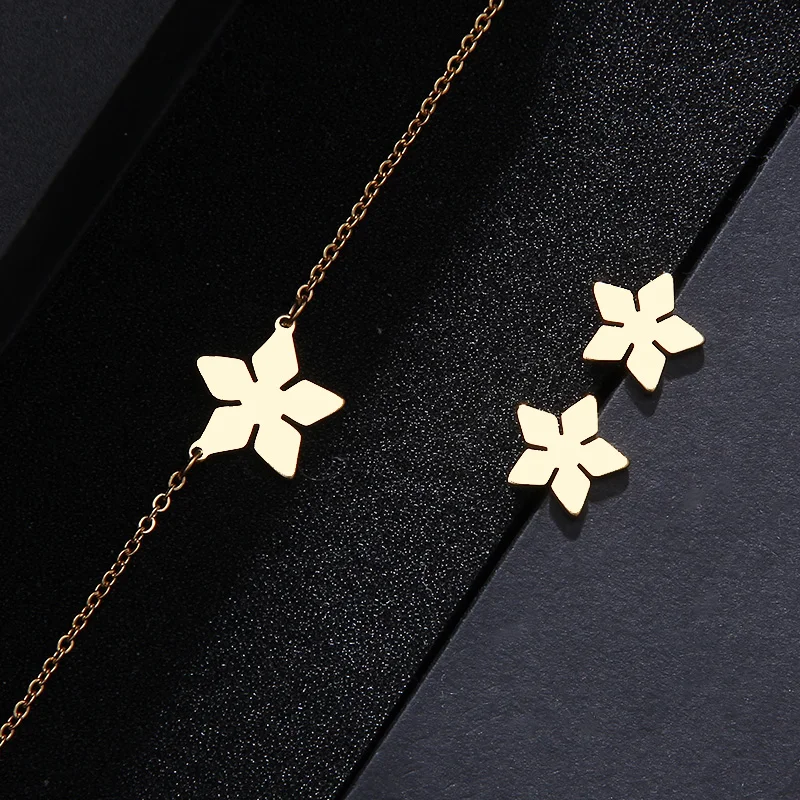 CACANA Stainless Steel Sets For Women Pentagon Flower Shape Necklace Bracelets Earrings For Women Lover's Engagement Jewelry 559