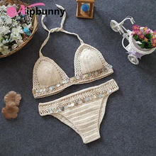 Sexy Women Handmade High Quality Crochet Swimwear Halter Cover Up Knitted Bikini Set Femme Sequins Bathing Suit Beach Swimsuit sexy handmade crochet bikinis blue shell beaded high quality swimsuit women push up swimwear knitted beach wear bathing suits