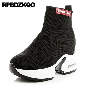 

platform round toe black shoes casual autumn elastic short high heel sock stretch flat slip on women ankle boots 2018 sneakers