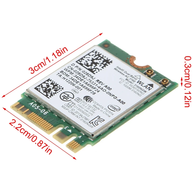 Intel Wireless-tarjeta Wifi para DELL AC 3160 3160NGW de doble banda, Bluetooth 4,0 NGFF