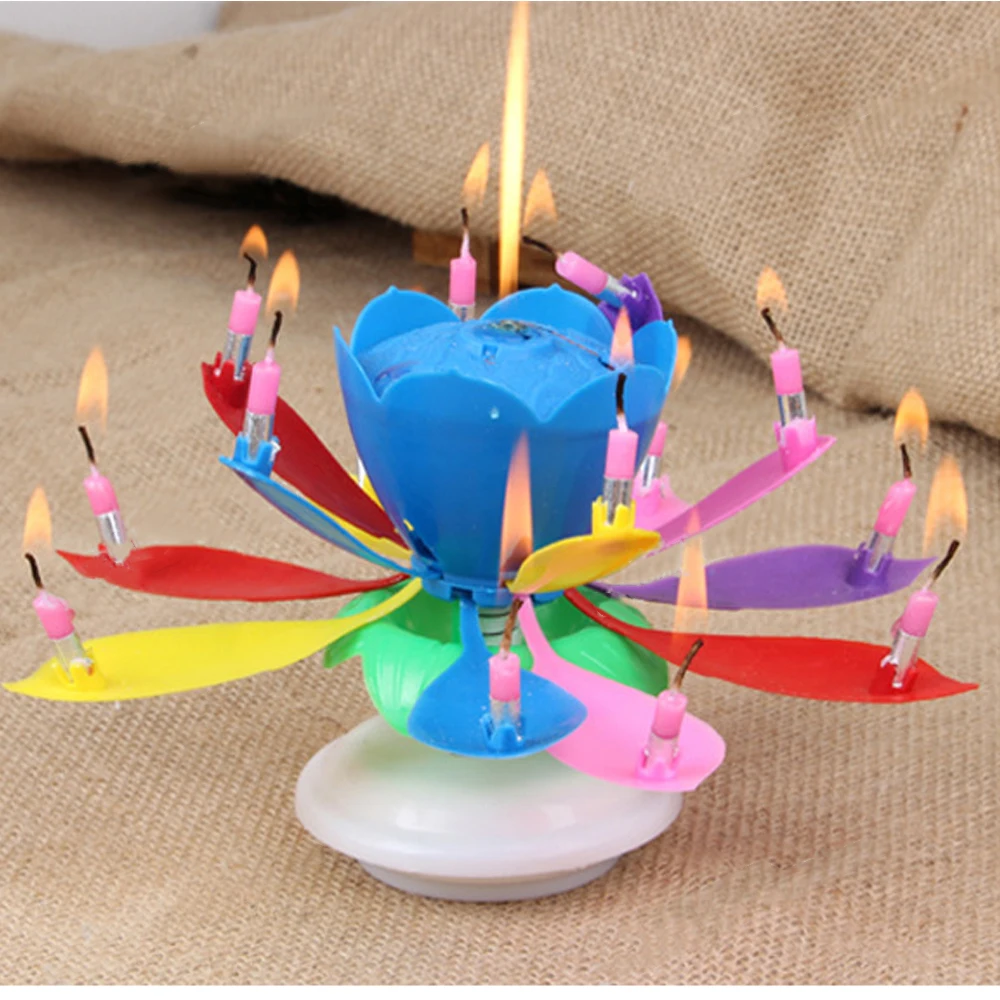Music Birthday Candle Multi Colors Musical Lotus Flower Rotating Happy