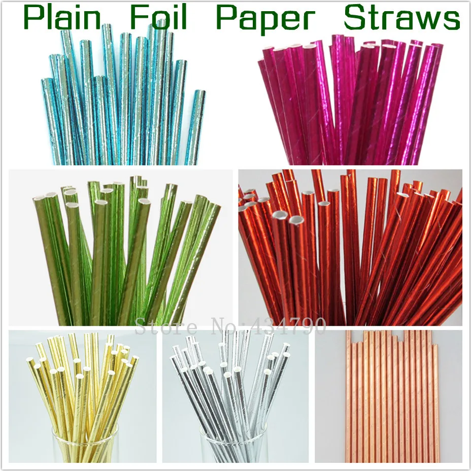 Free DHL 1000 pcs Metallic Pain Foil Paper Straws Bulk Shiny Pure Solid Color Blue Pink Green