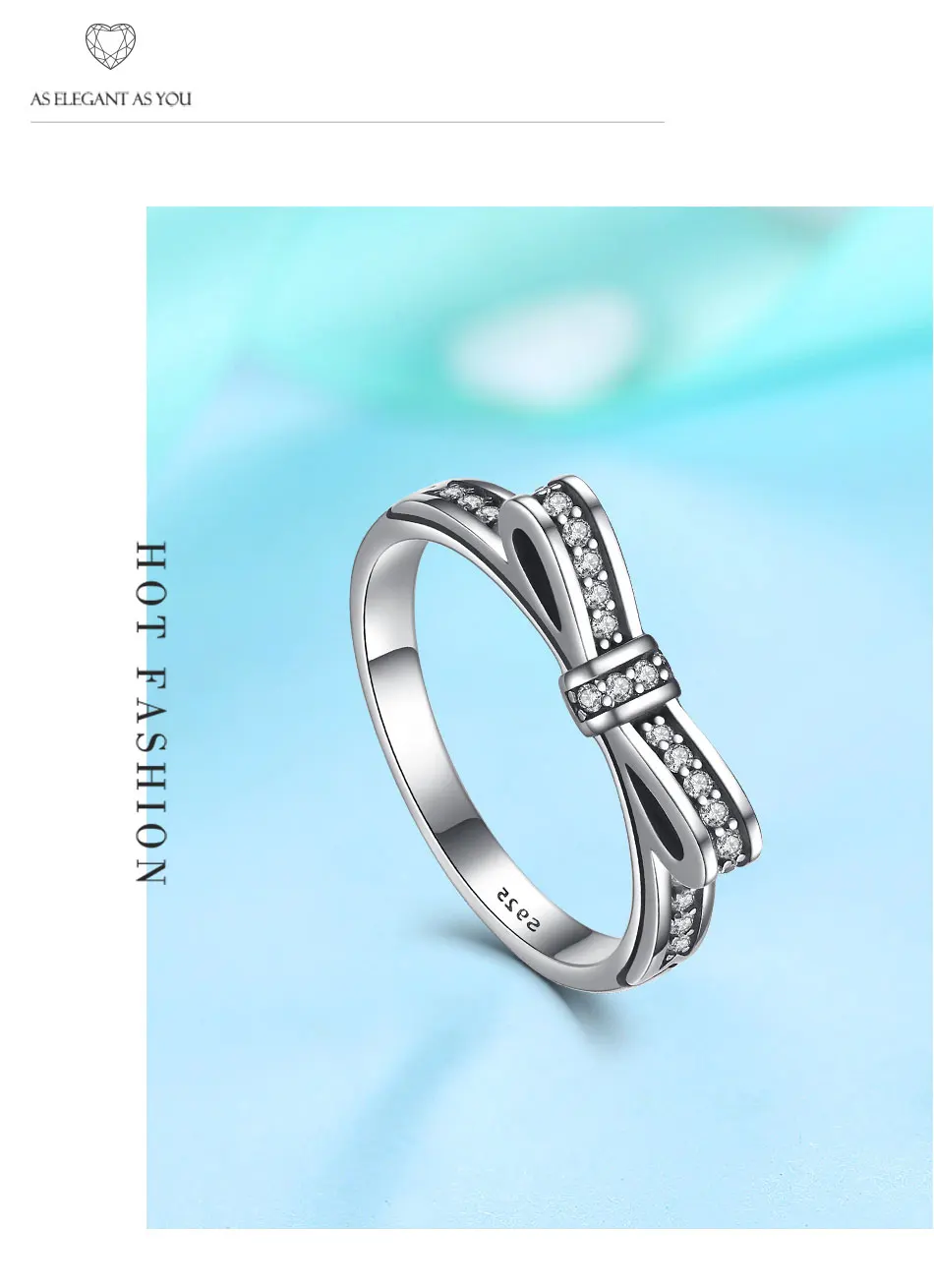 BELAWANG Модные кольца для женщин женские кольца кольцо из стерлингового серебра 925 с сверкающий лук-узел Кристалл ювелирные изделия