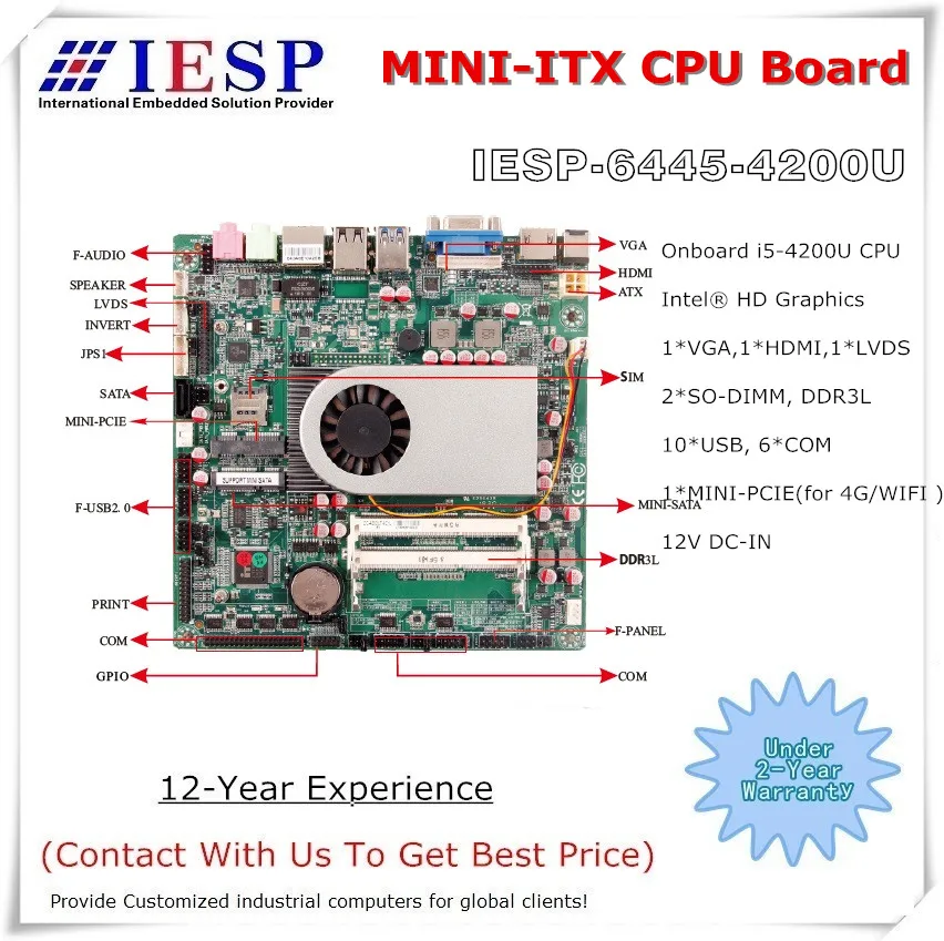 MINI-ITX placa de cpu, núcleo i5-4200U placa-mãe industrial, 6 * rs232, 10 * usb, vga, hdmi, lvds, 1 * mini-pcie, 1 * msata