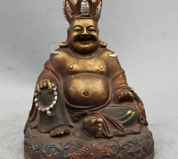 

8" Chinese Buddhism Copper Painting Seat Happy Laugh Maitreya Buddha Statue