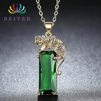 

Beiver Fashion Green Cubic Zirconia Yellow Gold Color Cool Animal Leopard Pendant Necklaces for Women Jewelry Necklaces