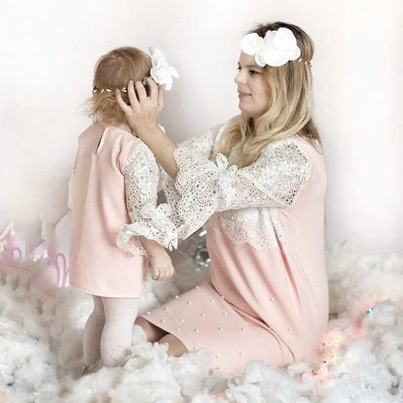 

Family Matching Outfit Mother and Daughter Clothes Kid Girls Lace Dress Mother Daughter Matching Clothes Long Sleeve O-neck
