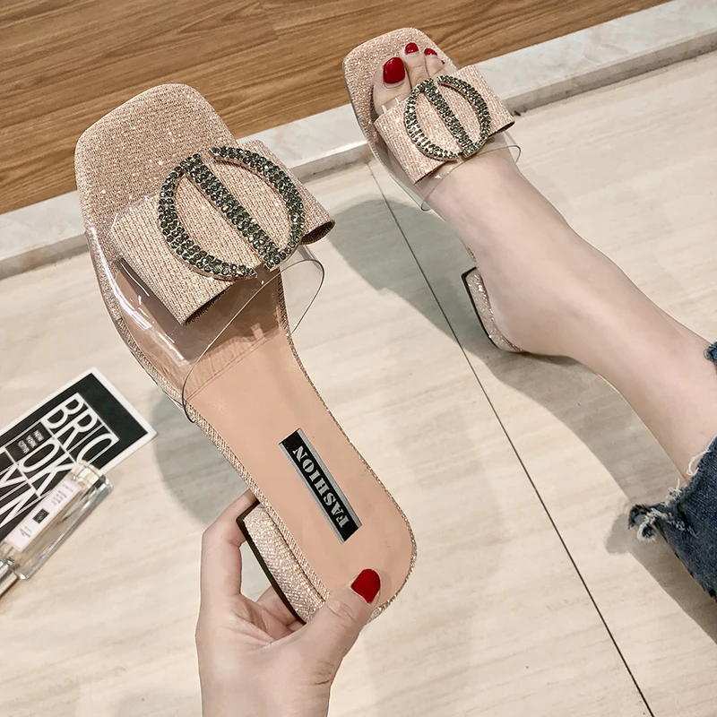 

Women's shoes slippers outdoor wear summer 2019 new fashion transparent flash diamond metal buckle shiny heel shoes