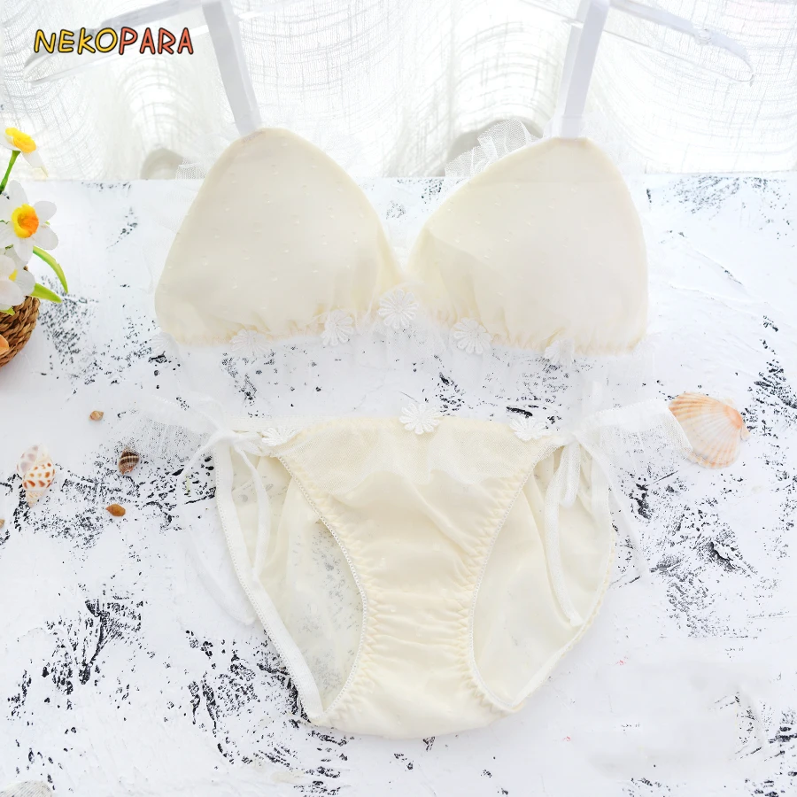 4Colors Flower &amp Mesh Bride Japanese Milk Silk Bra Panties Set Wirefree Soft Underwear Sleep Intimates Cute Lolita | Женская одежда