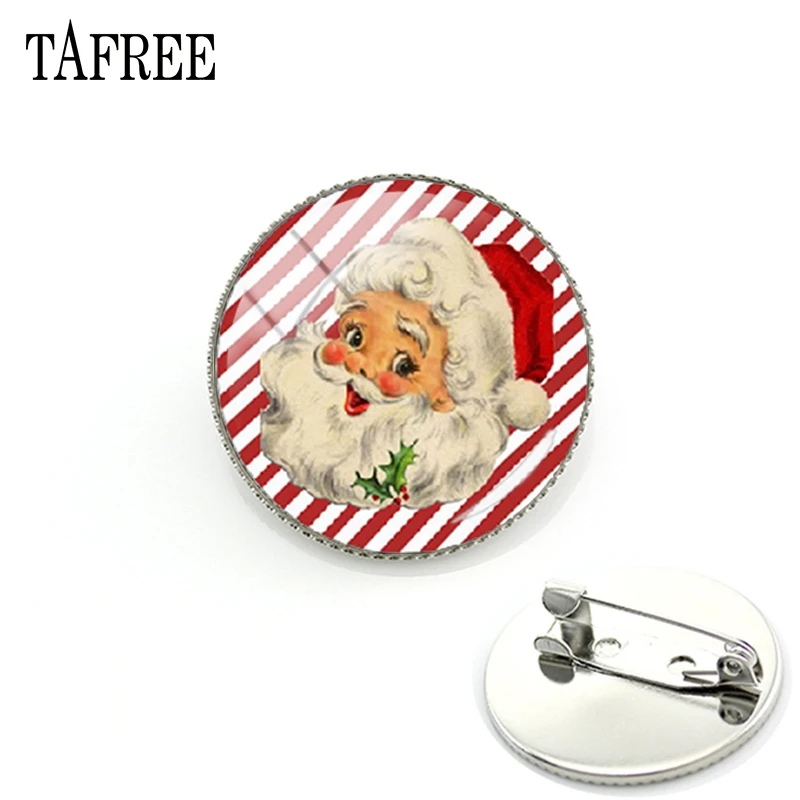 

TAFREE Old Fashion Santa Claus In Red Background Brooch Pins Merry Christmas Picture Glass Cabochon Dome Badge Jewelry J225