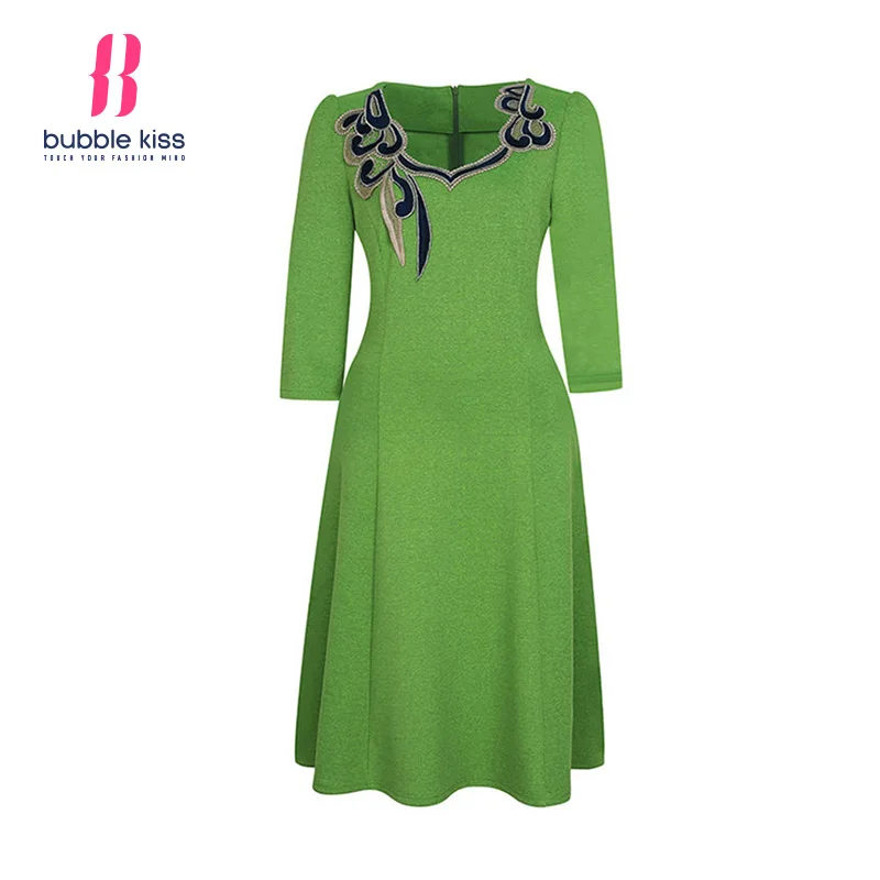 Women Vintage Embroidered Dress Autumn Spring Office Work Dresses