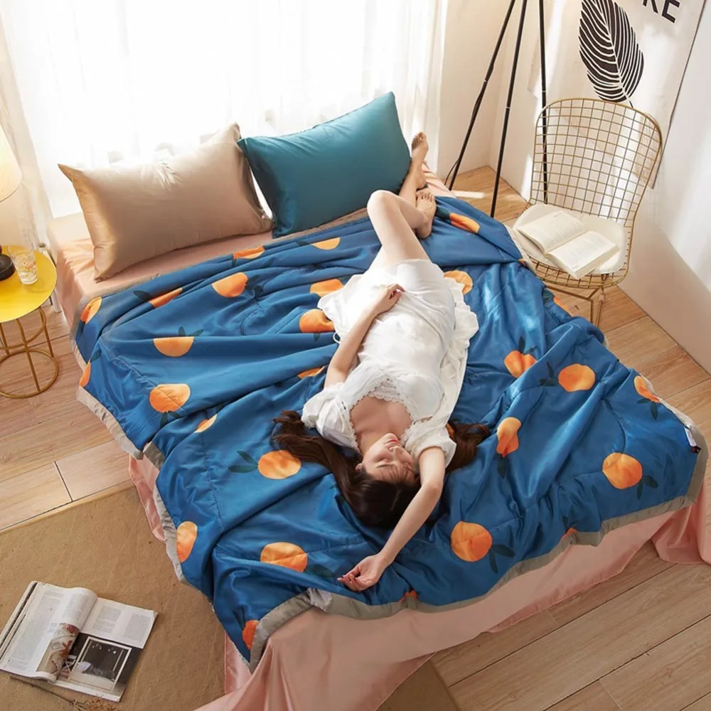 

2019 Orange Dark Blue Thin Summer Quilt Air-condition Stitching Comforter Satin Polyester Fabric Polyester Twin Queen Size