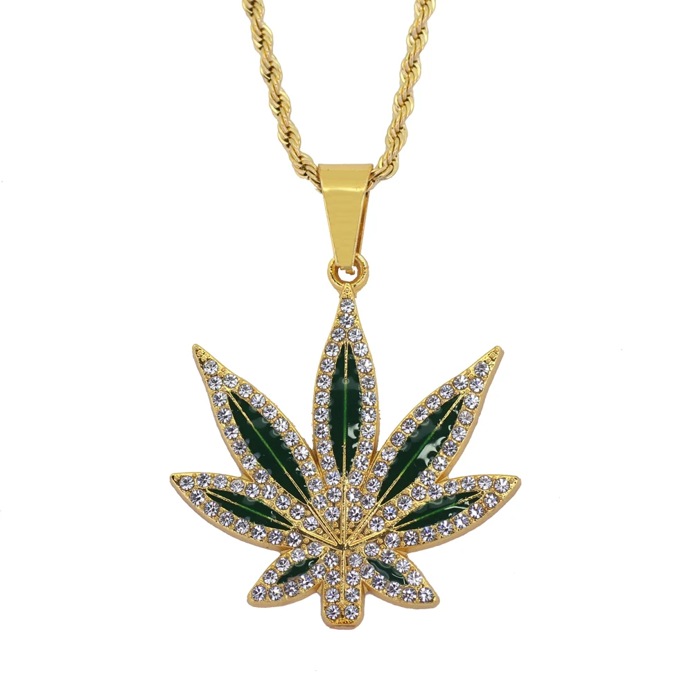 

Iced Out Hip Hop Necklace green red leaf pendant for men and women party jewelry N870