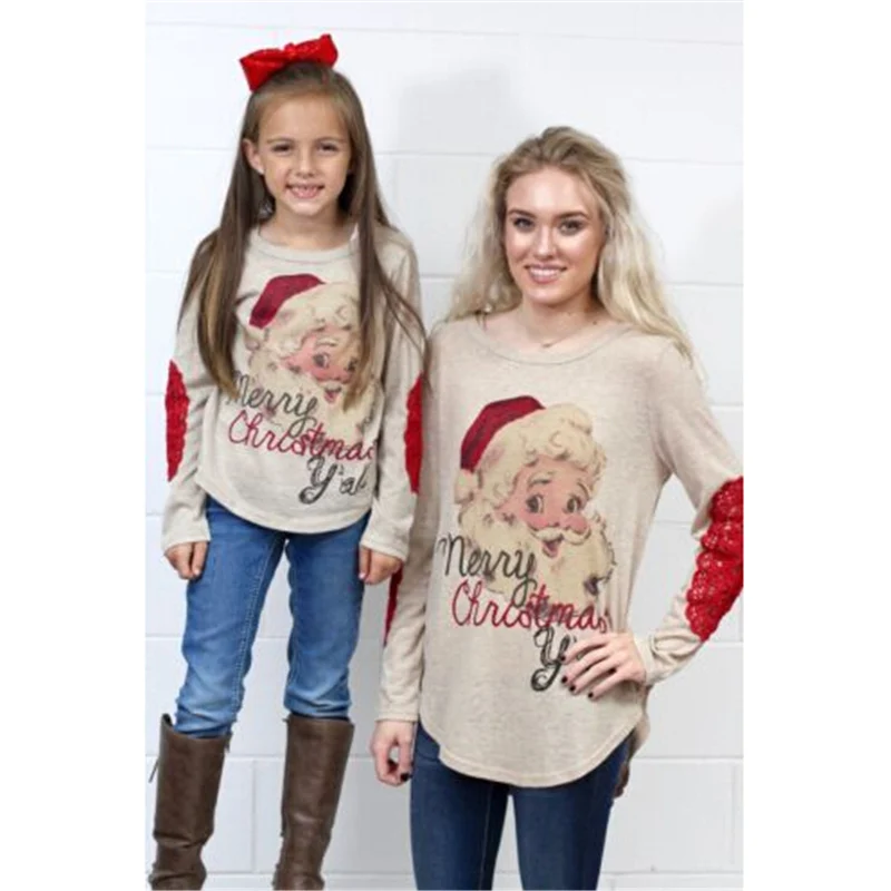 

Xmas Family Matching Clothing Christmas Mother And Daughter Lace Elbows Santa Claus Print T-shirt New Year Family Match Outfits