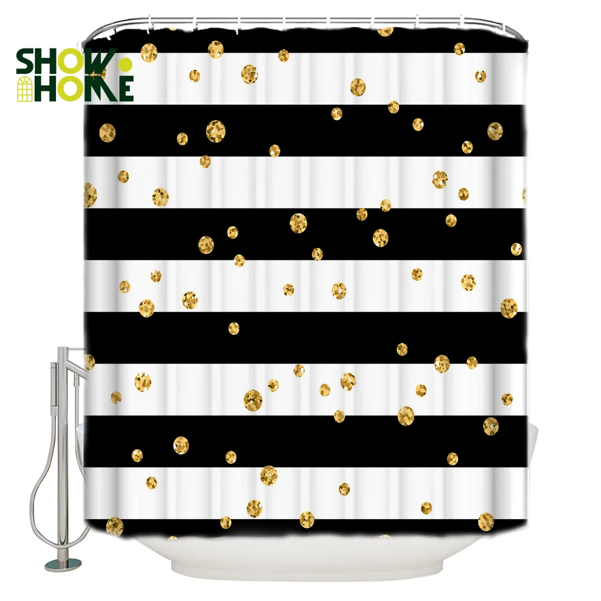

SHOWHOME Shower Curtain Black And White Stripes Golden Dots Shower Curtain Bathroom Curtain Home Decoration