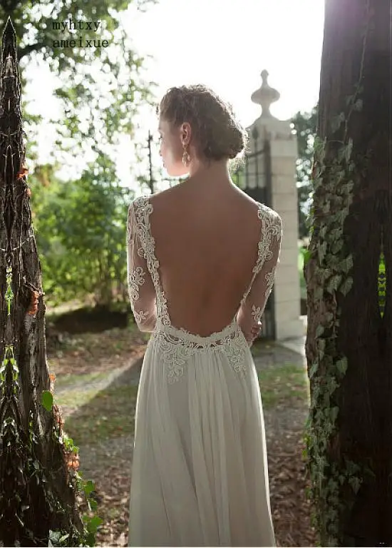 Пляжные платья Vestido De Noiva дешевые свадебные платья шифоновая с длинными рукавами Кружева спинки Бохо Дубай арабское свадебное платье невесты