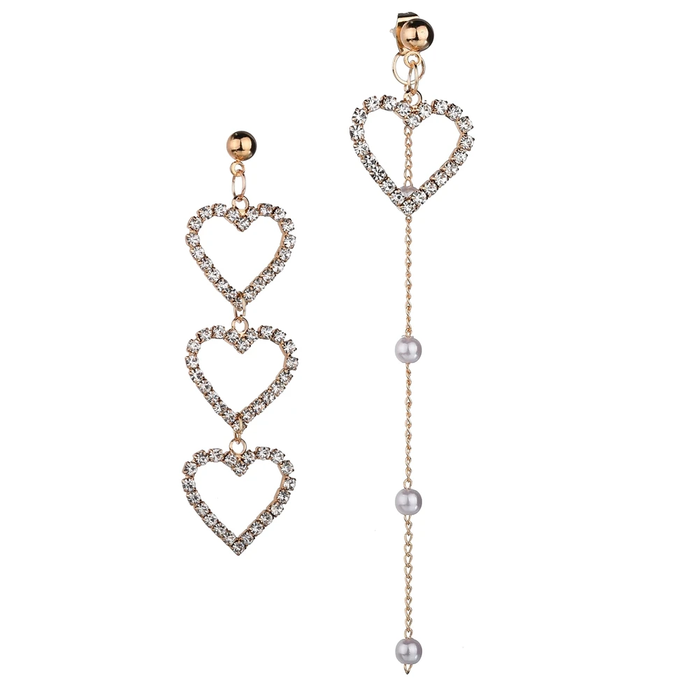 

MissCyCy Fashion Imitation Pearl Tassel Earrings for Women Rhinestone Love Heart Asymmetry Earrings Korean Jewelry