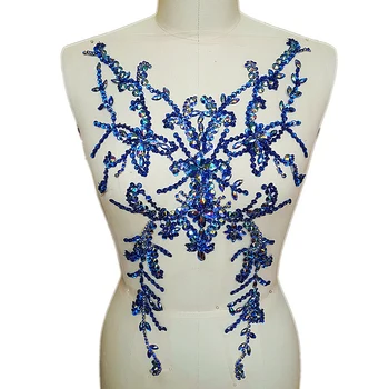

BI.Dw.M Blue Royal Hand Beaded Rhinestone Strass Embroidery Applique Patches 28x49cm For Sewing Wedding Bridal Dresses Clothes