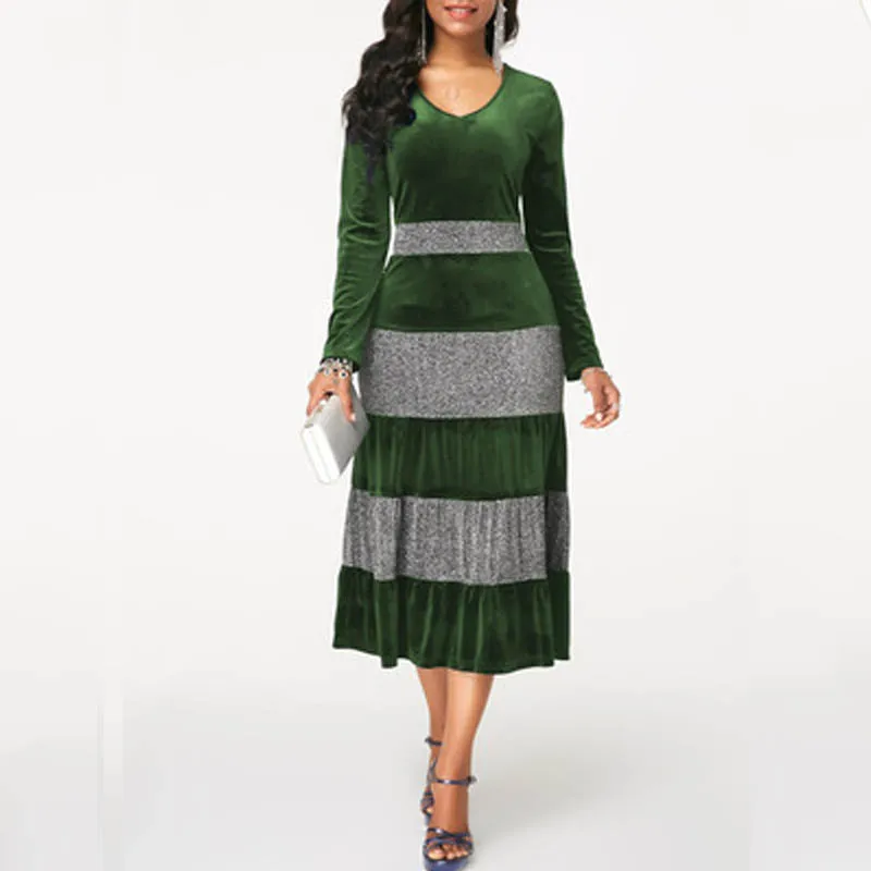 Koop NORMOV 2019 Mode Vrouwen Herfst Winter Plus Size Fluwelen Jurk Elegante Partij Sequin Patchwor Jurk Ruche 3 Kleur Midi Jurken