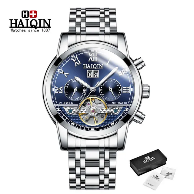 Автоматические механические мужские часы Топ бренд HAIQIN Роскошные мужские часы бизнес турбийон военные мужские наручные часы Reloj Hombres - Цвет: S-silver blue