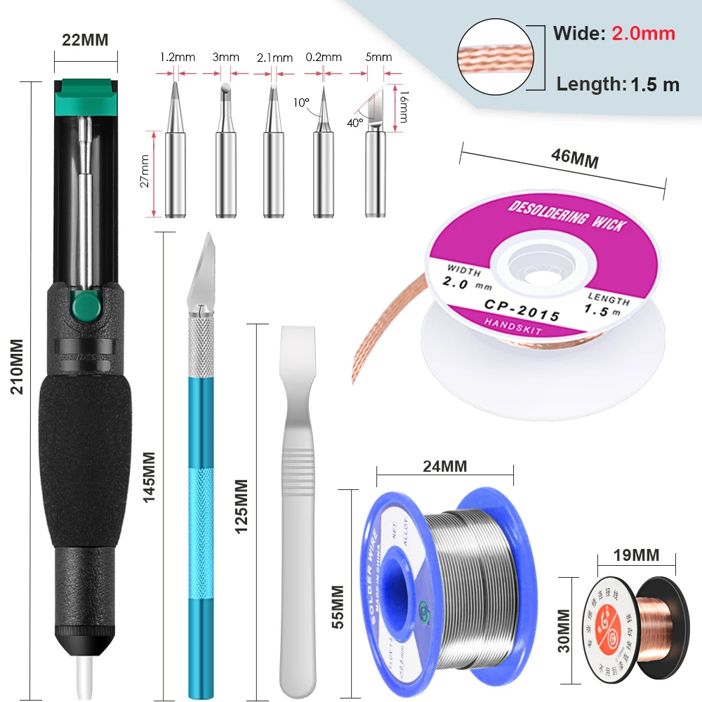 Паяльник 220v 60w Handskit с регулируемой температурой 5 наконечников для пайки+ насос для распайки+ резак для проводов+ Лупа для пинцета