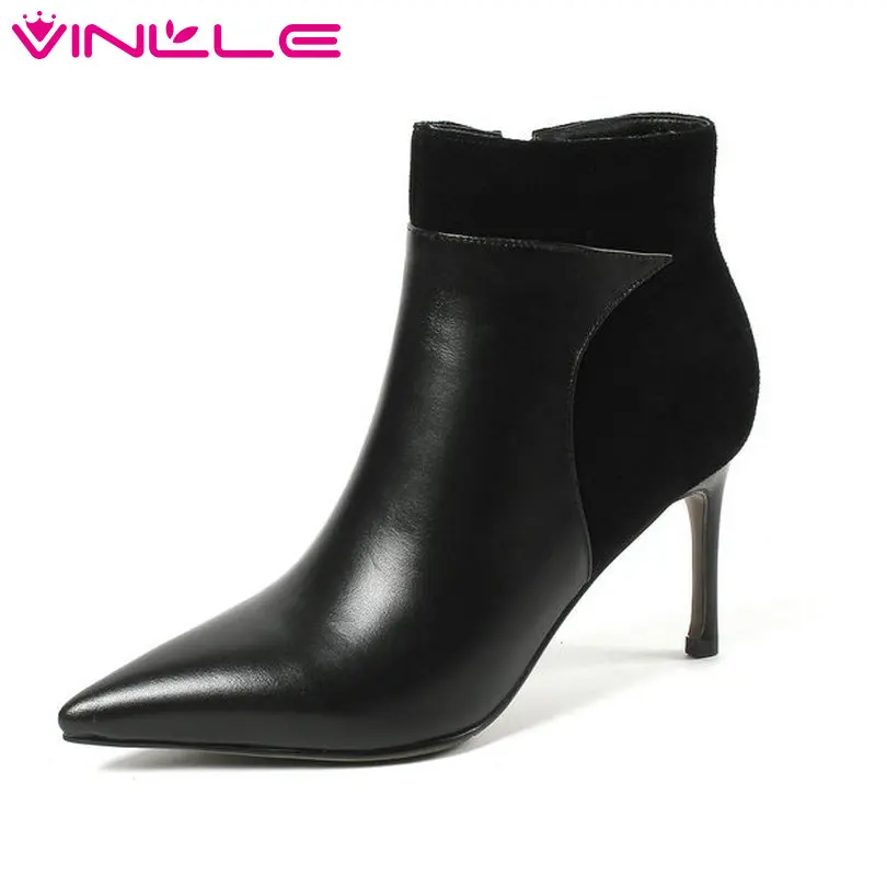 

VINLLE 2019 Women Shoes Ankle Boots Thin High Heel Autumn Genuine Leather+PU Pointed Toe Black Ladies Motorcycle Shoe Size 34-43