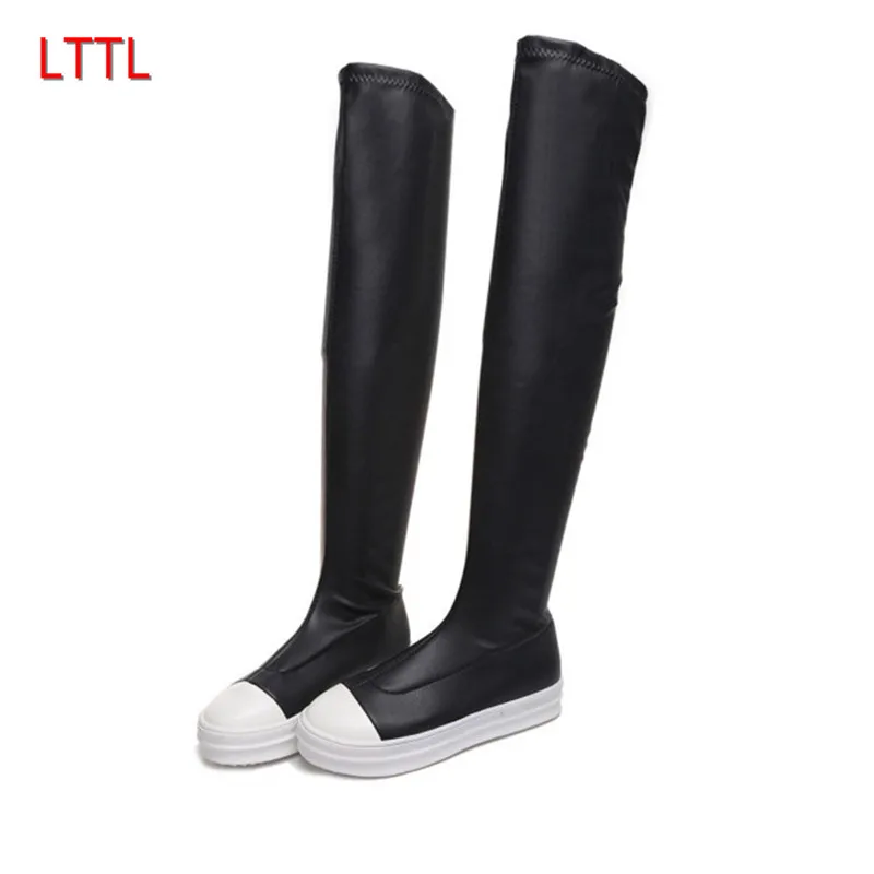 

Fashion European Trend Black Stretch Over The Knee Boots For Woman Round Toe Sexy White Platform Thick Bottom Botas Mujer