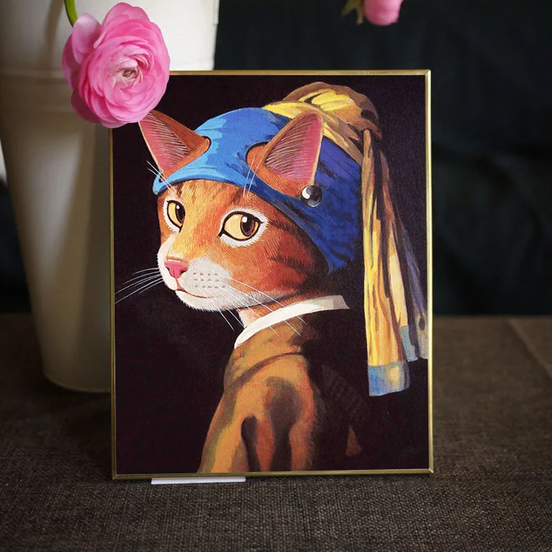 

A cat with a Pearl Earring cross stitch kit DMC brand thread animal dog count canvas fabric embroidery handmade needlework craft