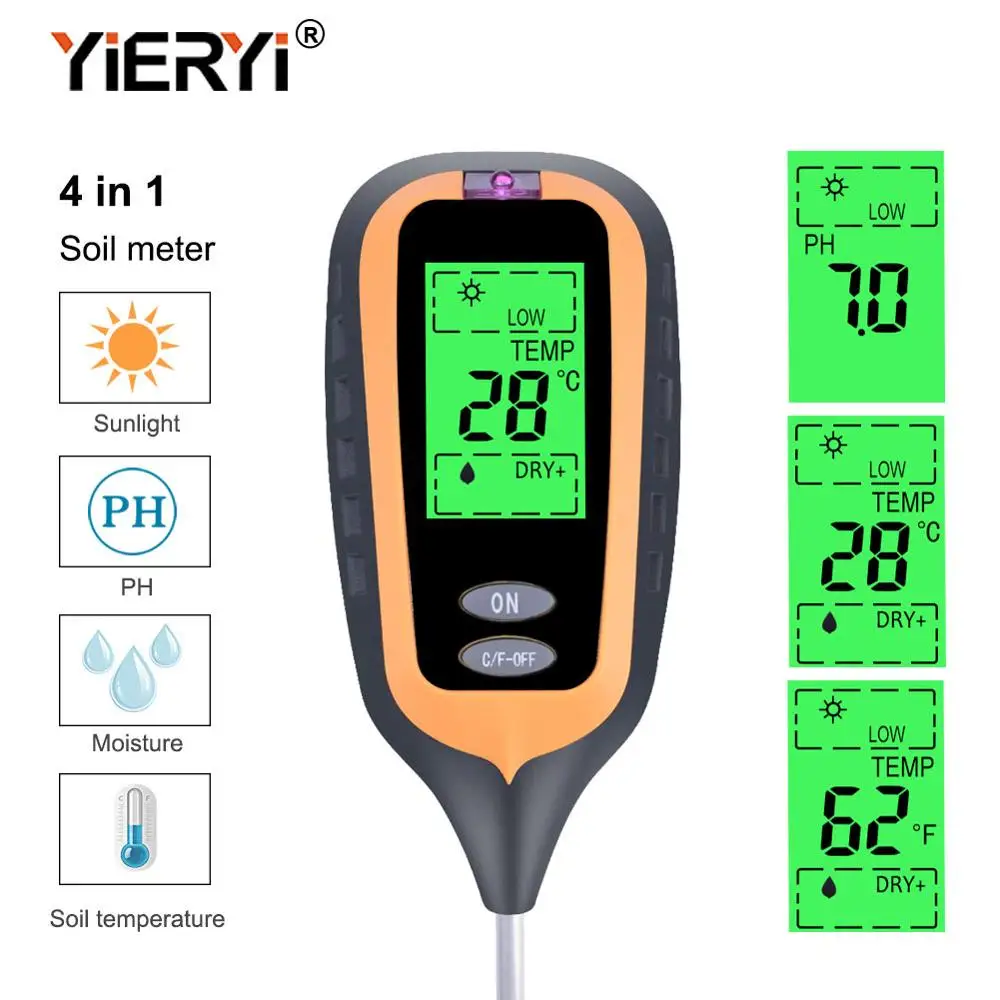 Yieryi New 4 In 1 Digital Soil Moisture Meter Ph Meter Temperature Sunlight Tester For Garden Farm Lawn Plant With Lcd Displayer Ph Meters Aliexpress