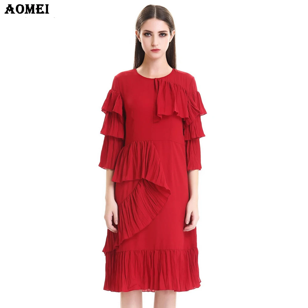 Chiffon Silk Red Frills Dress For Women 2017 Autumn New Fashion Office