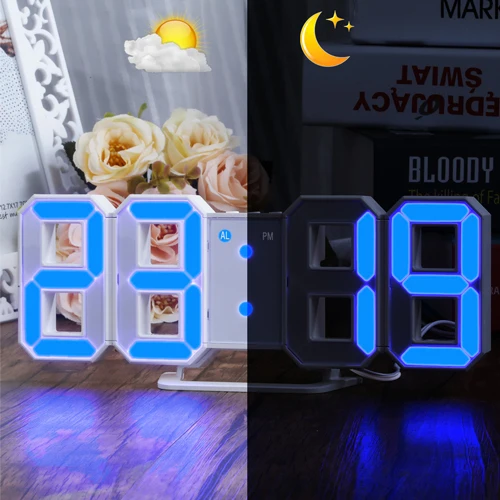 Цифровой большой 3D Будильник Белый светодиодный дисплей цифровые цифры настенные часы с 3 уровнями яркости Будильник Повтор часы USB кабель - Цвет: Синий
